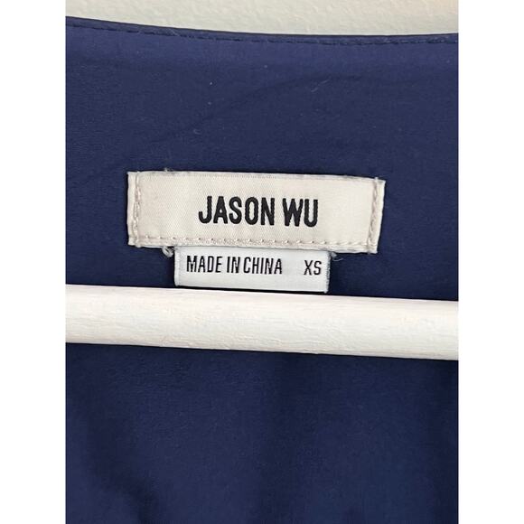 Jason Wu Long Sleeve Deep V-Neck Satin Peplum Button Blouse Navy Blue Womens XS - Picture 6 of 9
